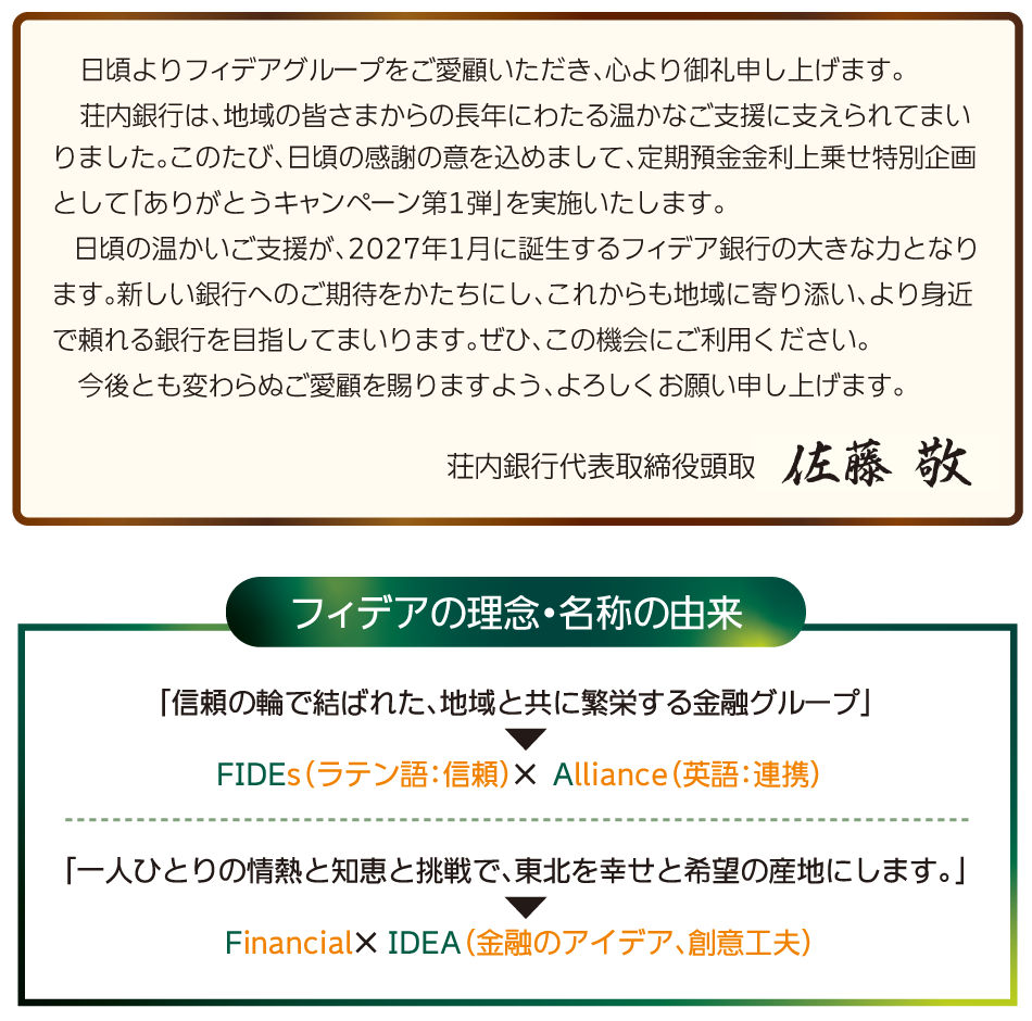 荘内銀行代表取締役頭取 佐藤敬 ごあいさつ　フィデアの理念・名称の由来