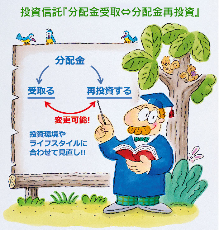 投資信託における分配金受け取りと分配金再投資の関係。分配金を受け取るか、再投資するか変更可能！投資環境やライフスタイルに合わせて見直しすることができます。