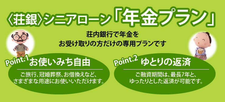 〈荘銀〉シニアローン「年金プラン」荘内銀行で年金をお受け取りの方だけの専用プランです。Point.1 お使いみち自由、ご旅行、冠婚葬祭、お借り換えなど、さまざまな用途にお使いいただけます。Point.2 ゆとり返済、ご融資期間は、最長7年とゆったりとした返済が可能です。